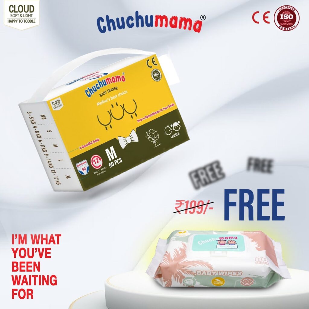 Baby Taped Style Diapers (M Size - 50 Counts) with Bubble Bed Comfort + FREE Chuchumama Baby Wipes